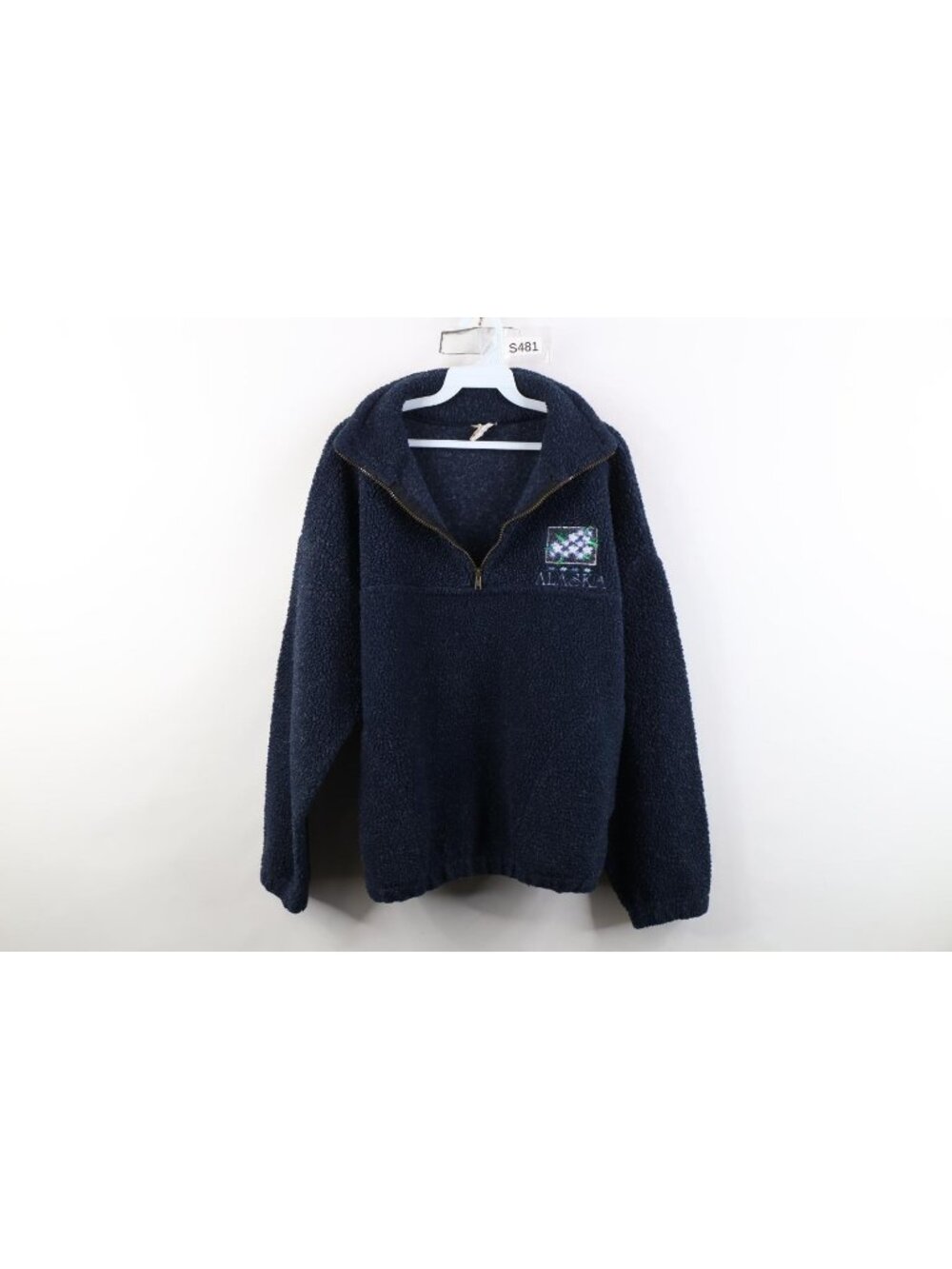Vintage 90s Womens Medium Faded Alaska Flowers Deep Pile Fleece Sweater Blue USA
